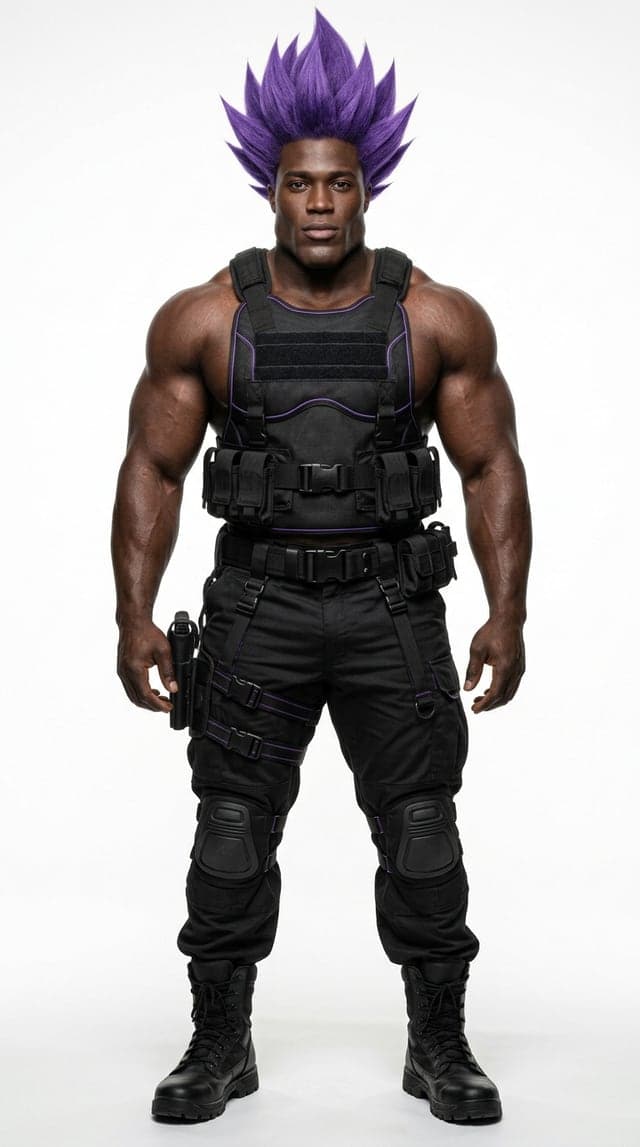 Rex Voltage, a character made with dGEN Influencer: huge spiky violet hair standing straight up and a black tactical vest with thin glowing purple seams.