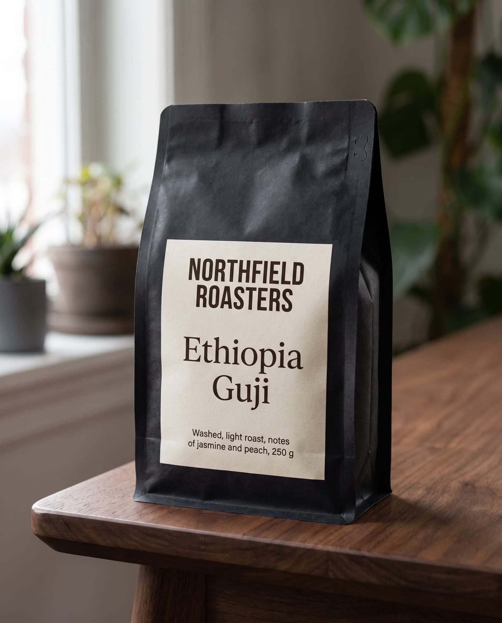 A black coffee bag on a walnut table with a cream label reading Northfield Roasters, Ethiopia Guji, with the tasting notes in small type.