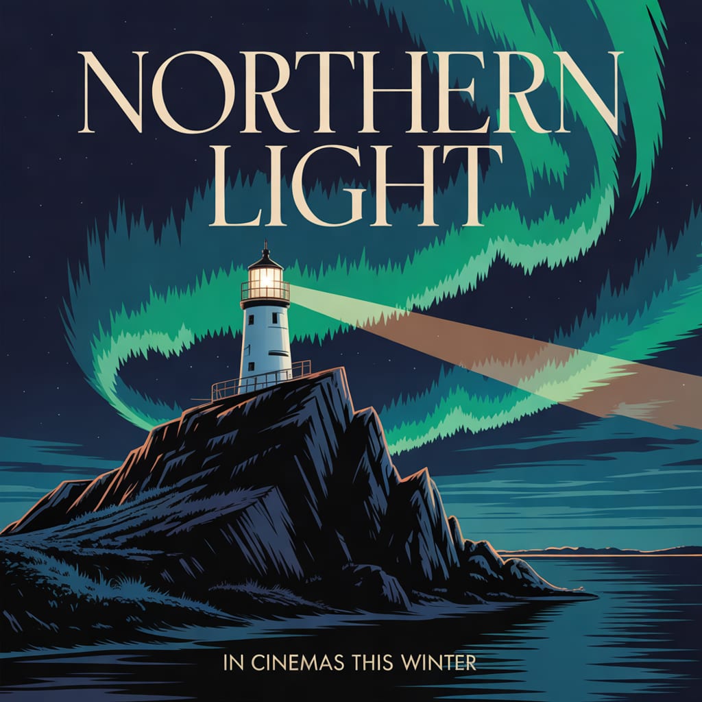 A minimalist poster titled NORTHERN LIGHT with a lighthouse under the aurora.