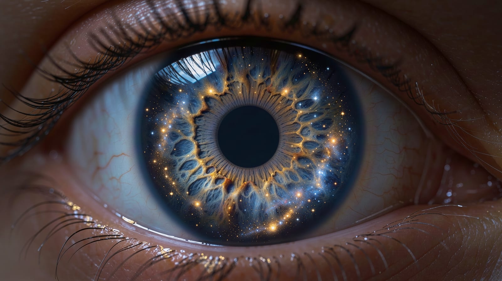 Extreme close-up of an eye whose iris is a galaxy of stars and nebulae.
