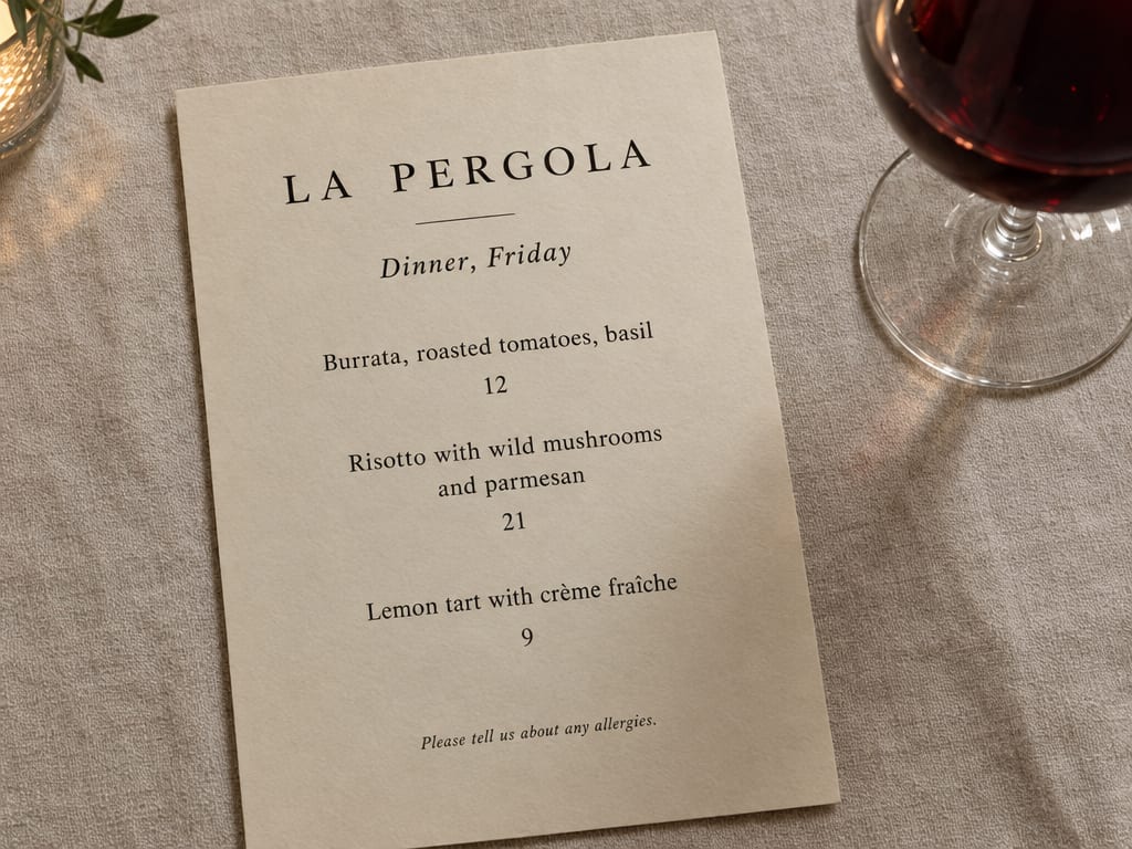 A printed menu for La Pergola on a linen tablecloth, three courses with prices in clear type, next to a glass of red wine.